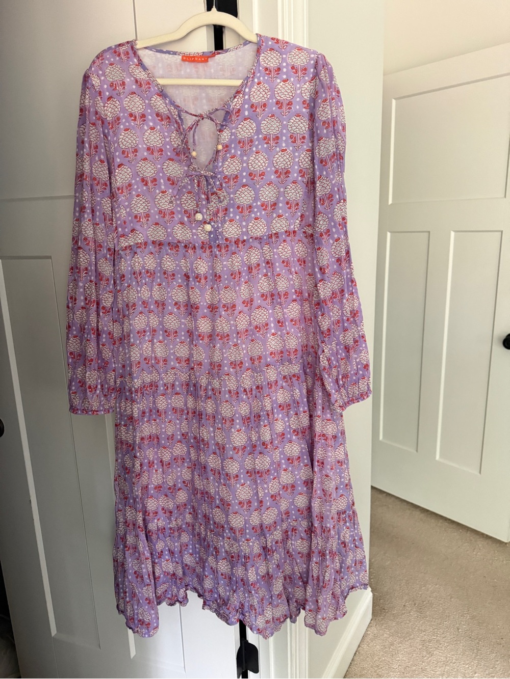 Oliphant purple floral tie front long sleeve midi dress